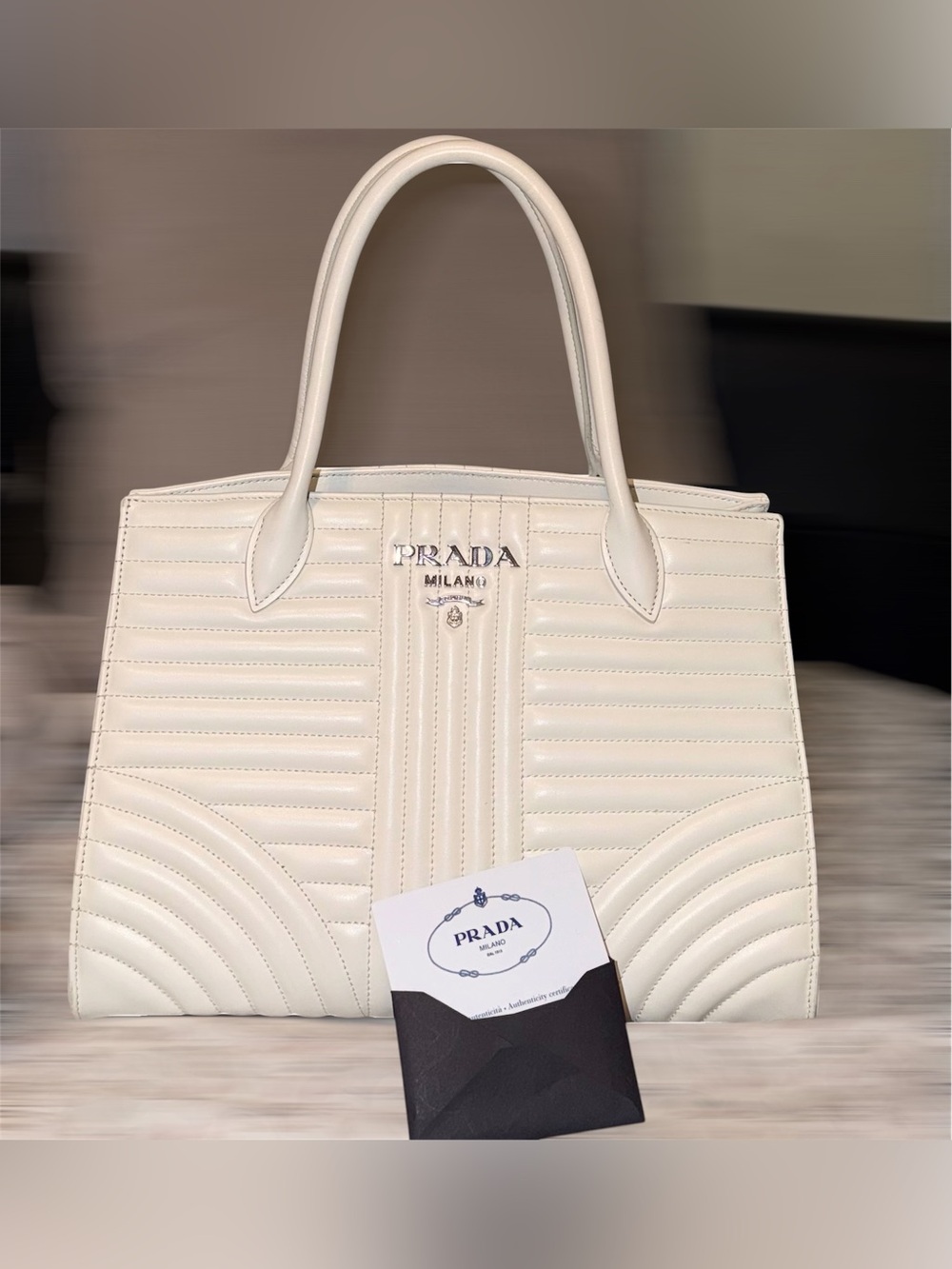 Prada White Diagramme Leather Handbag- EUC